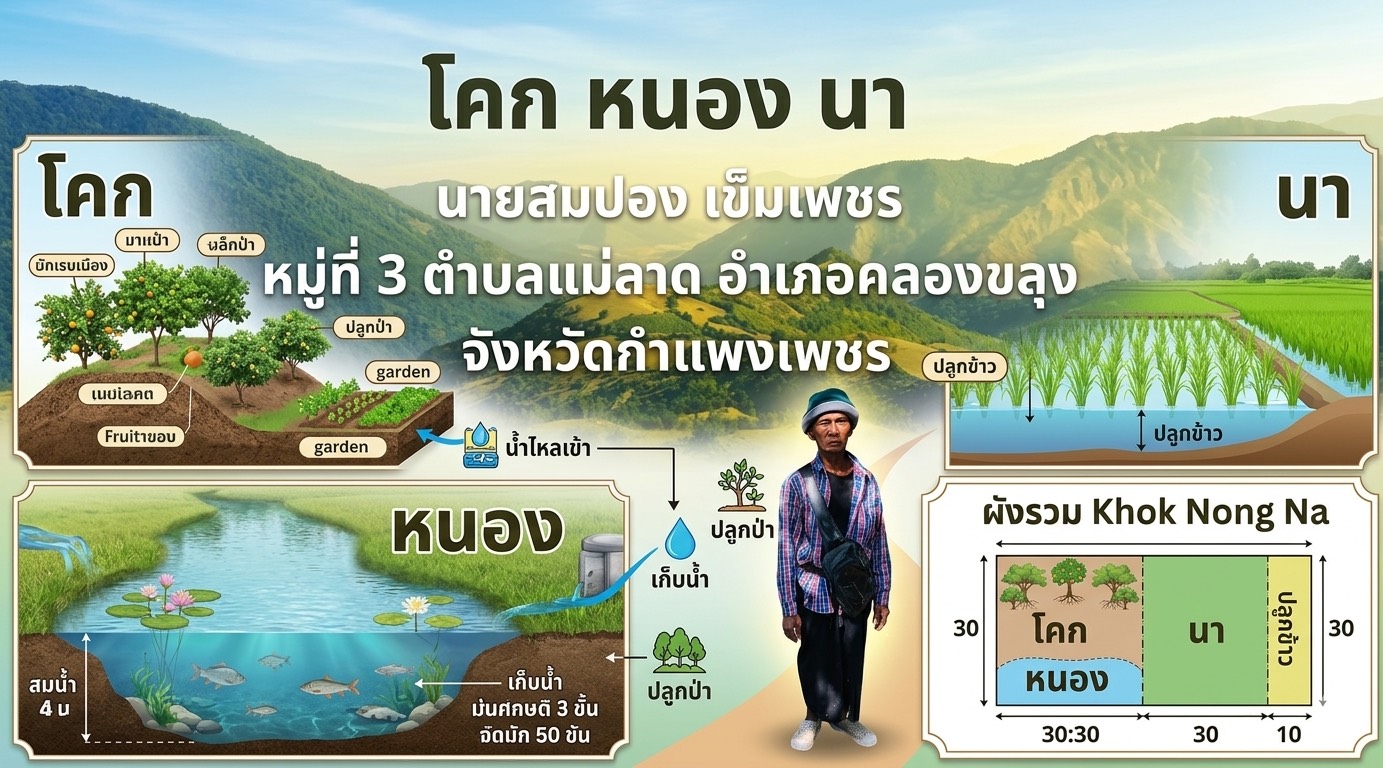 ศูนย์เรียนรู้โคก หนอง นา นายสมปอง เข็มเพชร หมู่ 3 บ้านแม่ลาดน้อย ตำบลแม่ลาด อำเภอคลองขลุง ได้รับการพัฒนาเป็นแหล่งท่องเที่ยวเชิงเกษตร ของอำเภอคลองขลุง