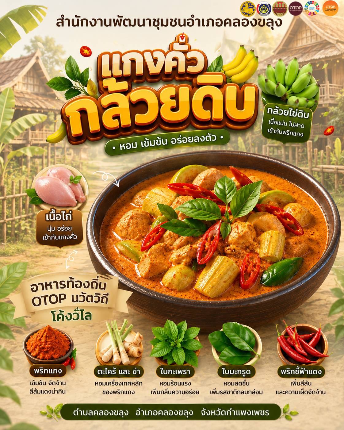 สำนักงานพัฒนาชุมชนอำเภอคลองขลุง ขอเชิญชวนทุกท่าน  ชวนลิ้มลอง “แกงคั่วกล้วยดิบ” เมนูอาหารท้องถิ่นสุดอร่อยแห่งโค้งวิไล  ชุมชนท่องเที่ยว OTOP นวัตวิถี 